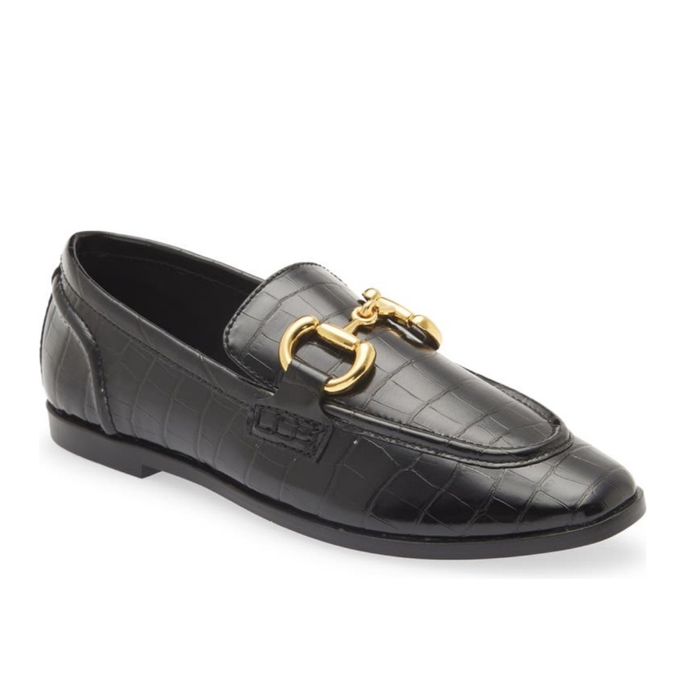 Jeffrey Campbell Black Croc-Embossed Leather Loafers with Gold Hardware